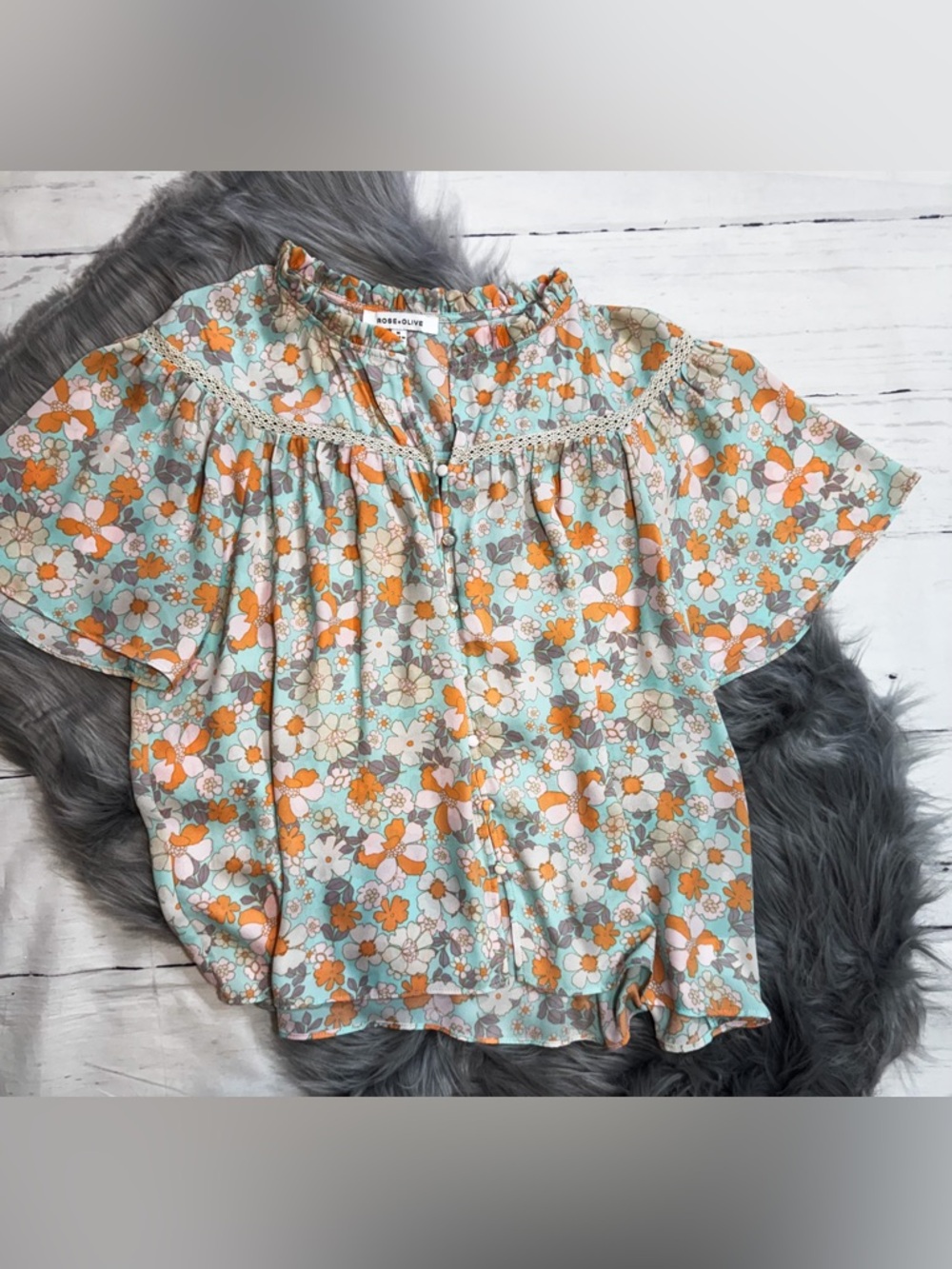 Rose & Olive Mint and Orange Floral Peasant Blouse